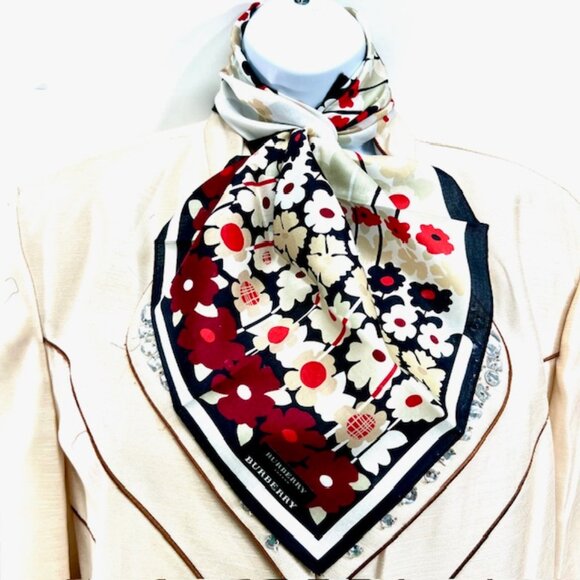 NewTag Burberry Miniscarf/handker19.5" Cotton/Silk Black White Red Floral(14) - Picture 7 of 8